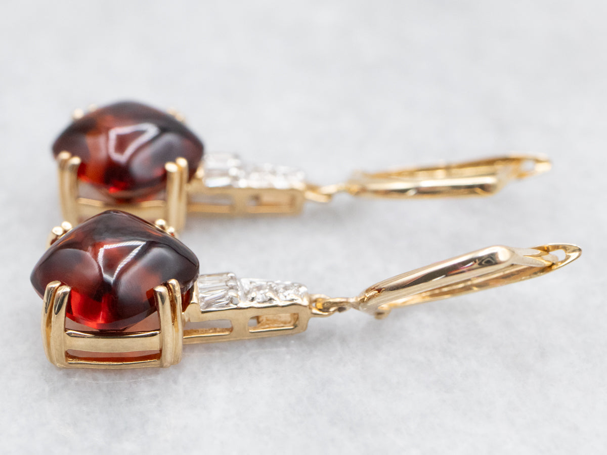 Garnet Cabochon and Diamond Drop Earrings