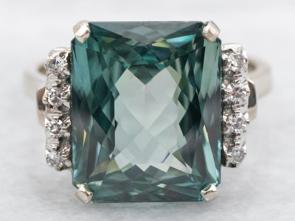 Emerald Cut Blue Zircon and Diamond Cocktail Ring