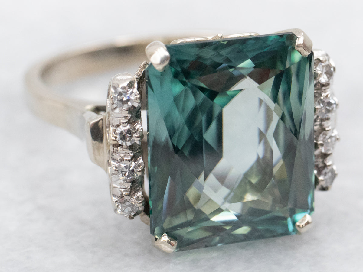 Emerald Cut Blue Zircon and Diamond Cocktail Ring