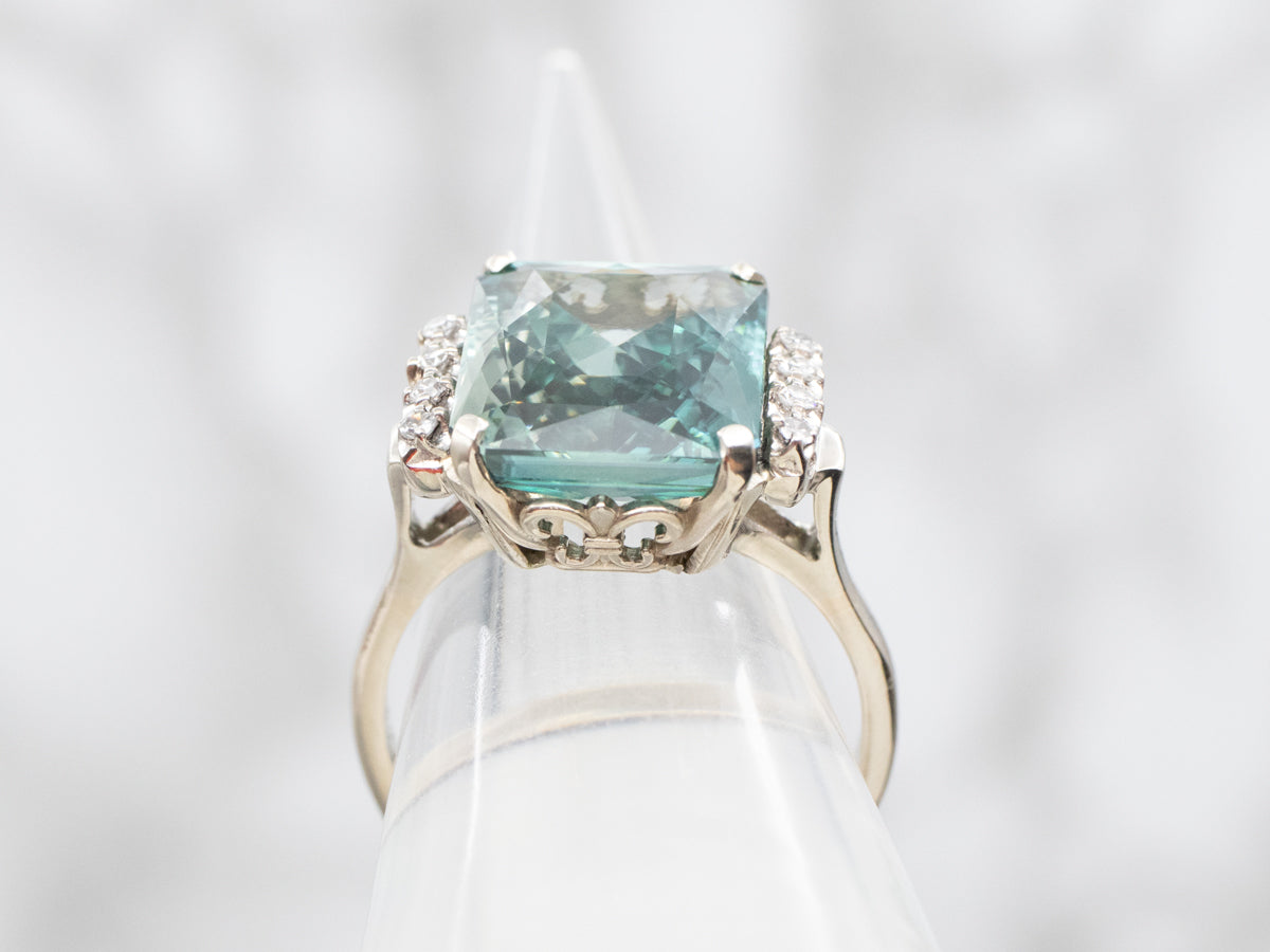 Emerald Cut Blue Zircon and Diamond Cocktail Ring