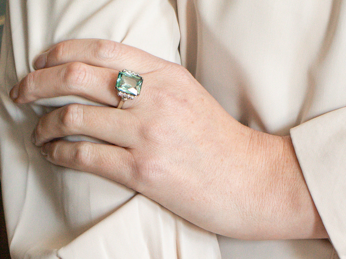 Emerald Cut Blue Zircon and Diamond Cocktail Ring