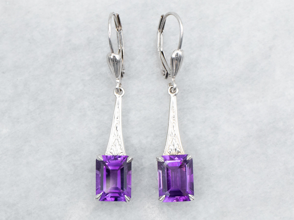 Emerald Cut Amethyst Drop Earrings