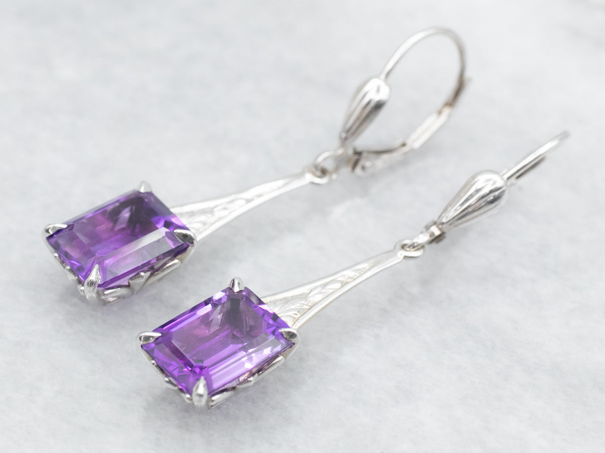 Emerald Cut Amethyst Drop Earrings