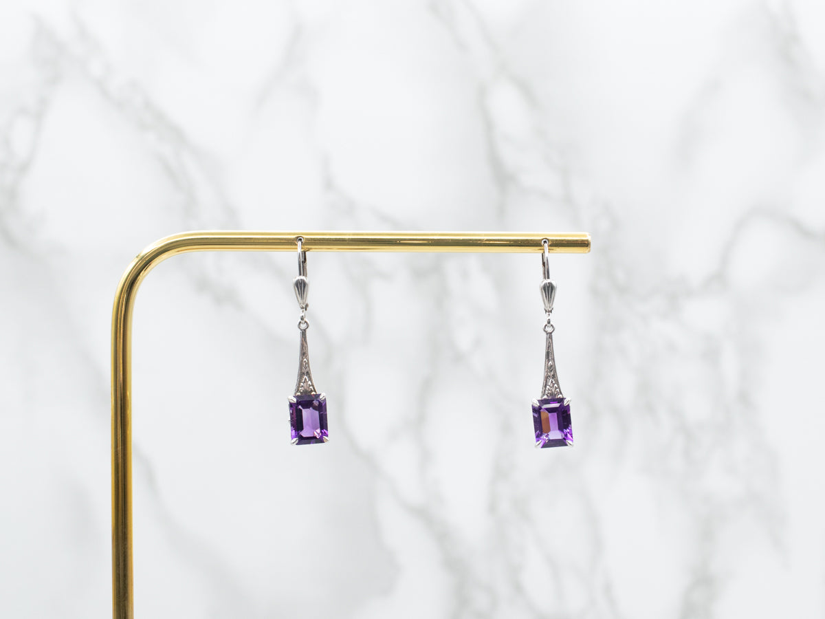 Emerald Cut Amethyst Drop Earrings