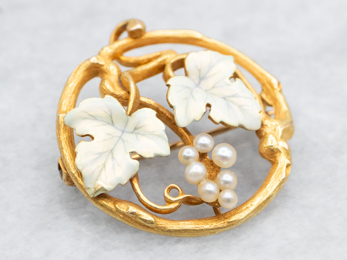 Vintage Seed Pearl and Enamel Leaf Brooch