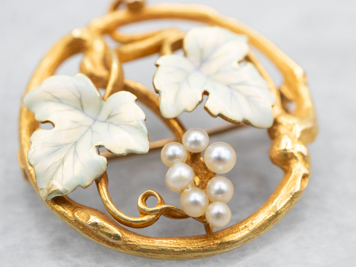 Vintage Seed Pearl and Enamel Leaf Brooch