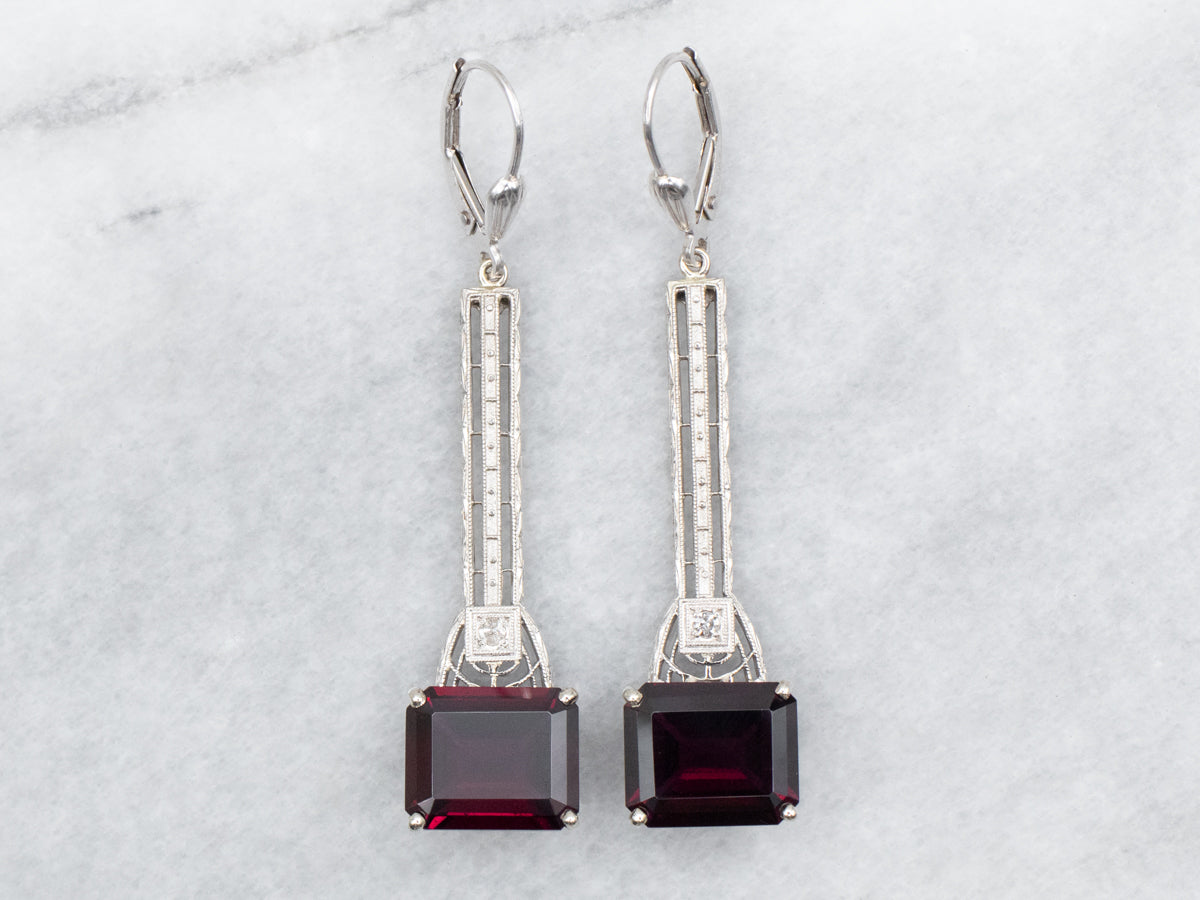 East to West Rhodolite Garnet and Diamond Drop Earrings