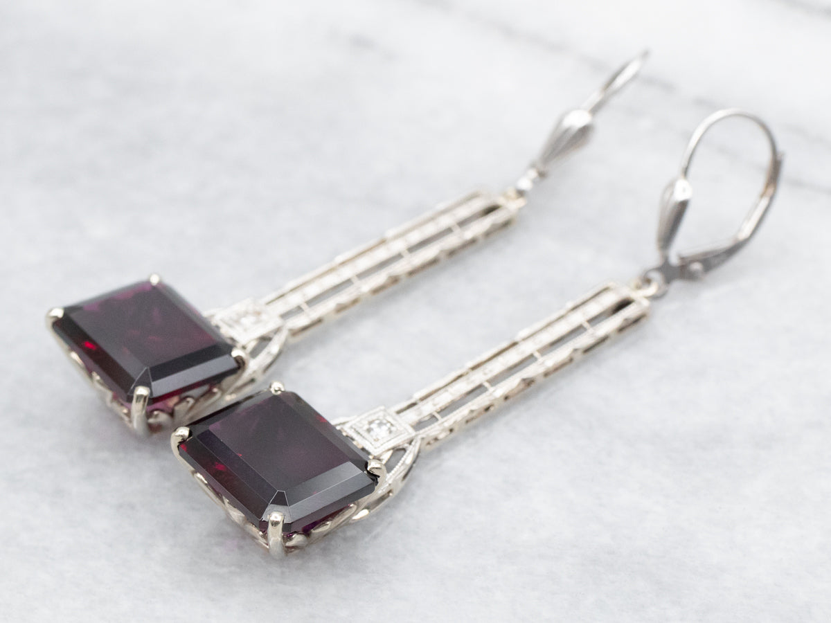 East to West Rhodolite Garnet and Diamond Drop Earrings