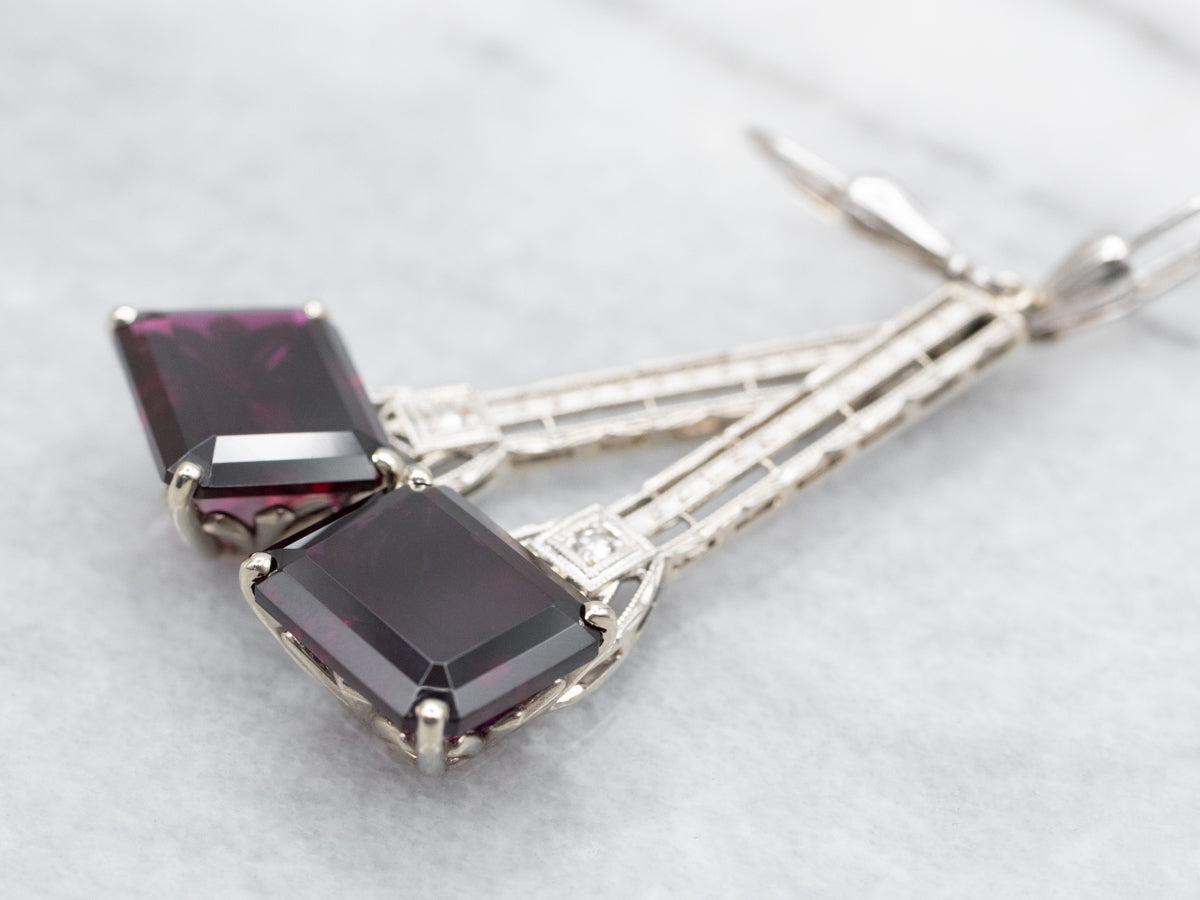 East to West Rhodolite Garnet and Diamond Drop Earrings