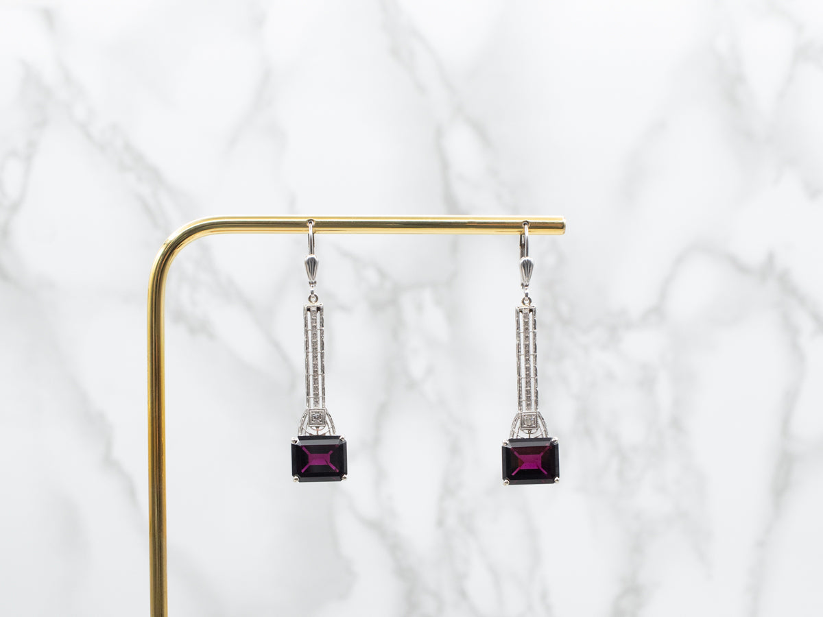 East to West Rhodolite Garnet and Diamond Drop Earrings