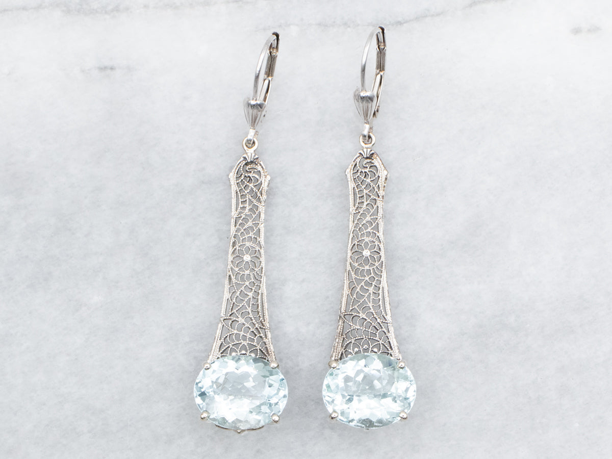 Art Deco Aquamarine Filigree Drop Earrings