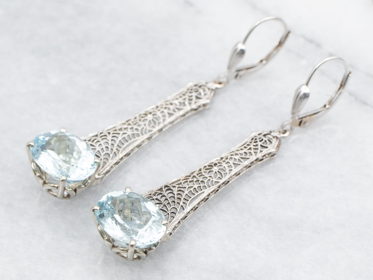 Art Deco Aquamarine Filigree Drop Earrings