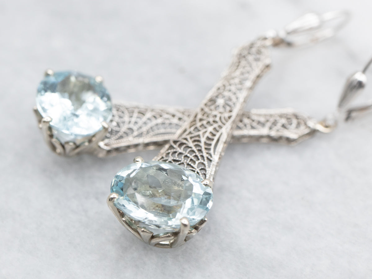 Art Deco Aquamarine Filigree Drop Earrings