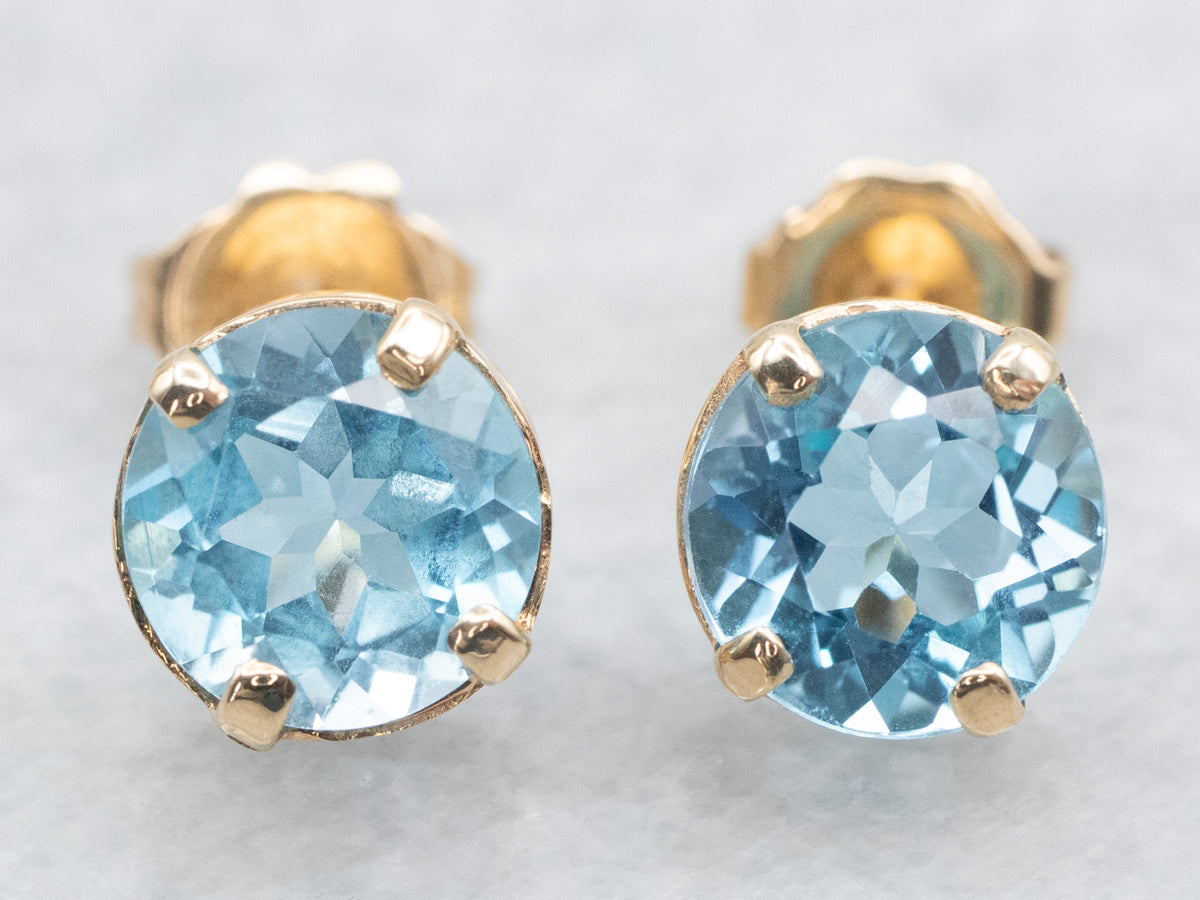 Yellow Gold Blue Topaz Stud Earrings