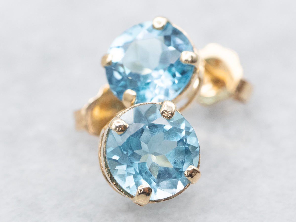 Yellow Gold Blue Topaz Stud Earrings