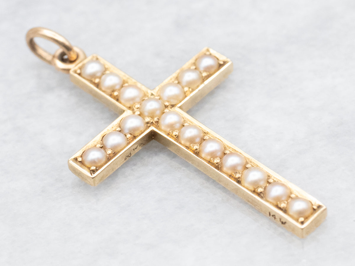 Lovely Gold Seed Pearl Cross Pendant