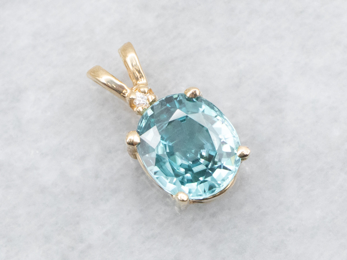 Yellow Gold Blue Zircon Pendant with Diamond Accent