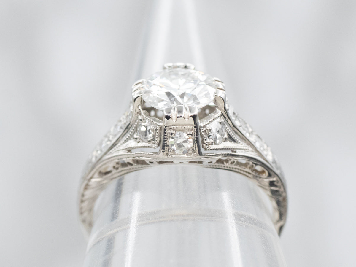 Art Deco Platinum European Cut Diamond Engagement Ring