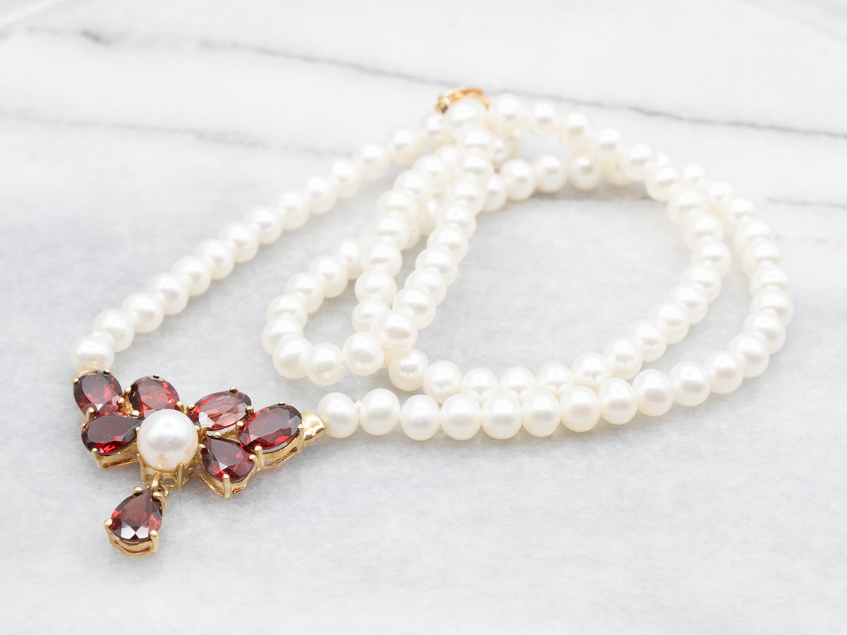 White Freshwater Pearl Beaded Necklace with Garnet Pendant