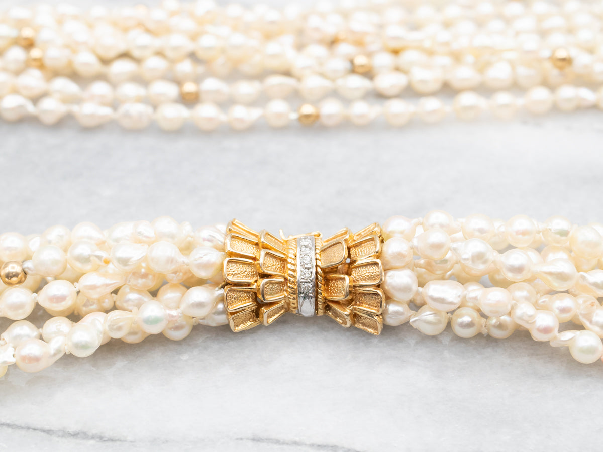 White Freshwater Pearl Eight-Strand Gold Beaded Necklace