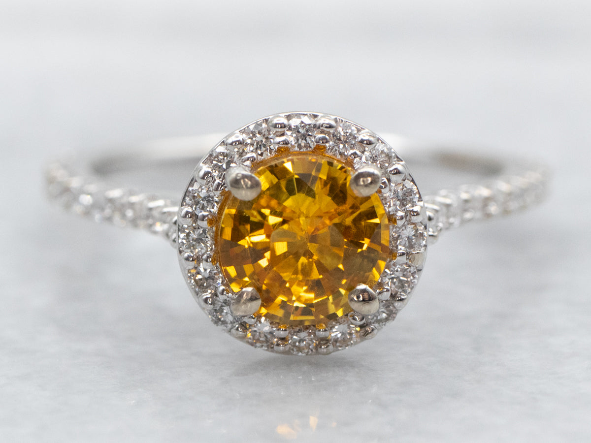 Yellow Sapphire and Diamond Halo Engagement Ring