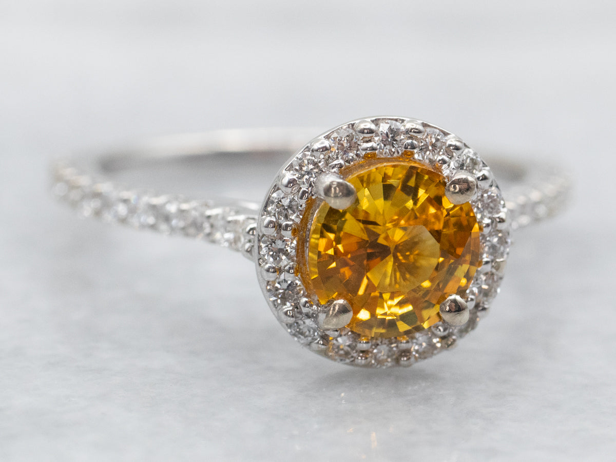 Yellow Sapphire and Diamond Halo Engagement Ring