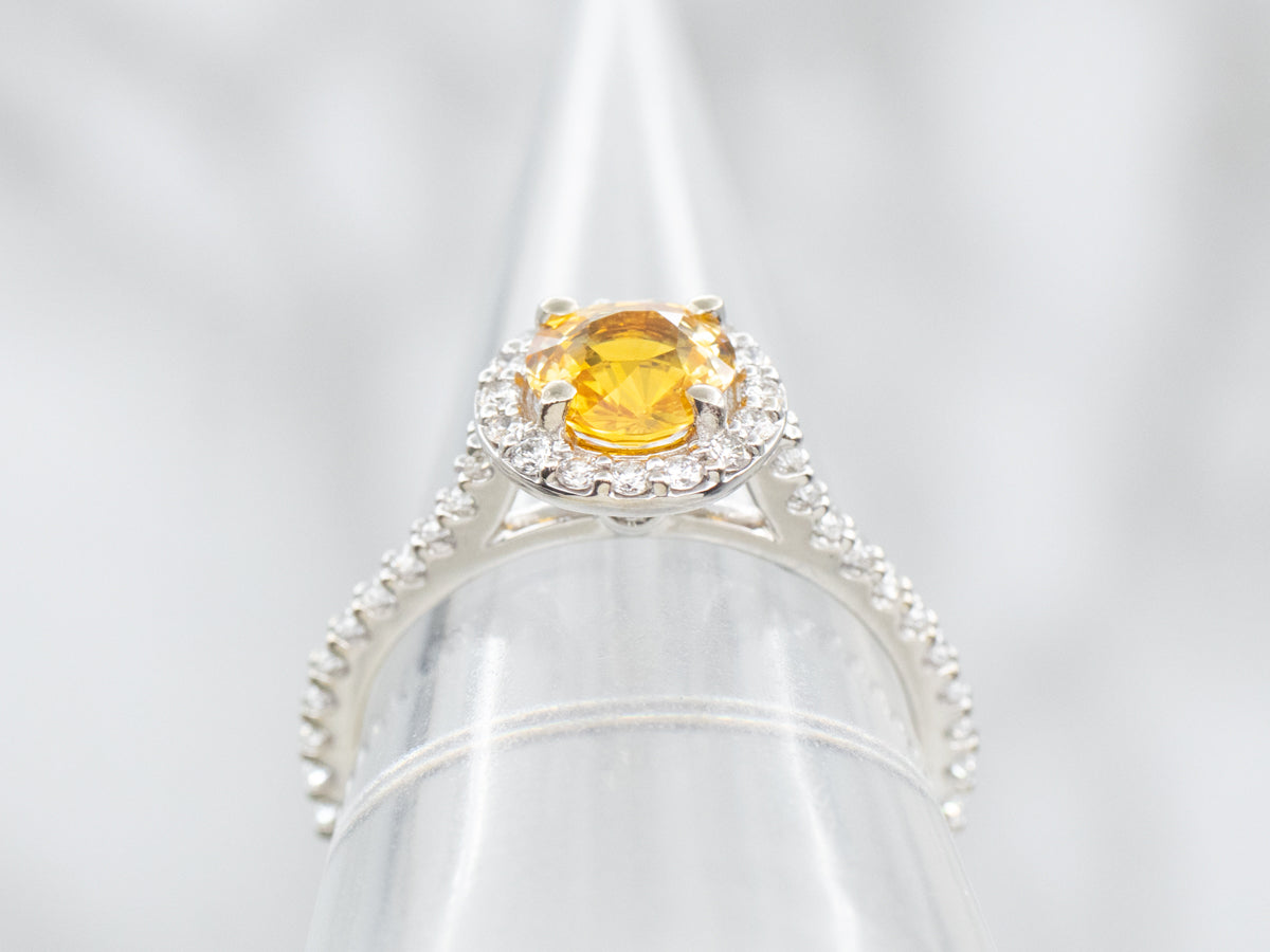 Yellow Sapphire and Diamond Halo Engagement Ring