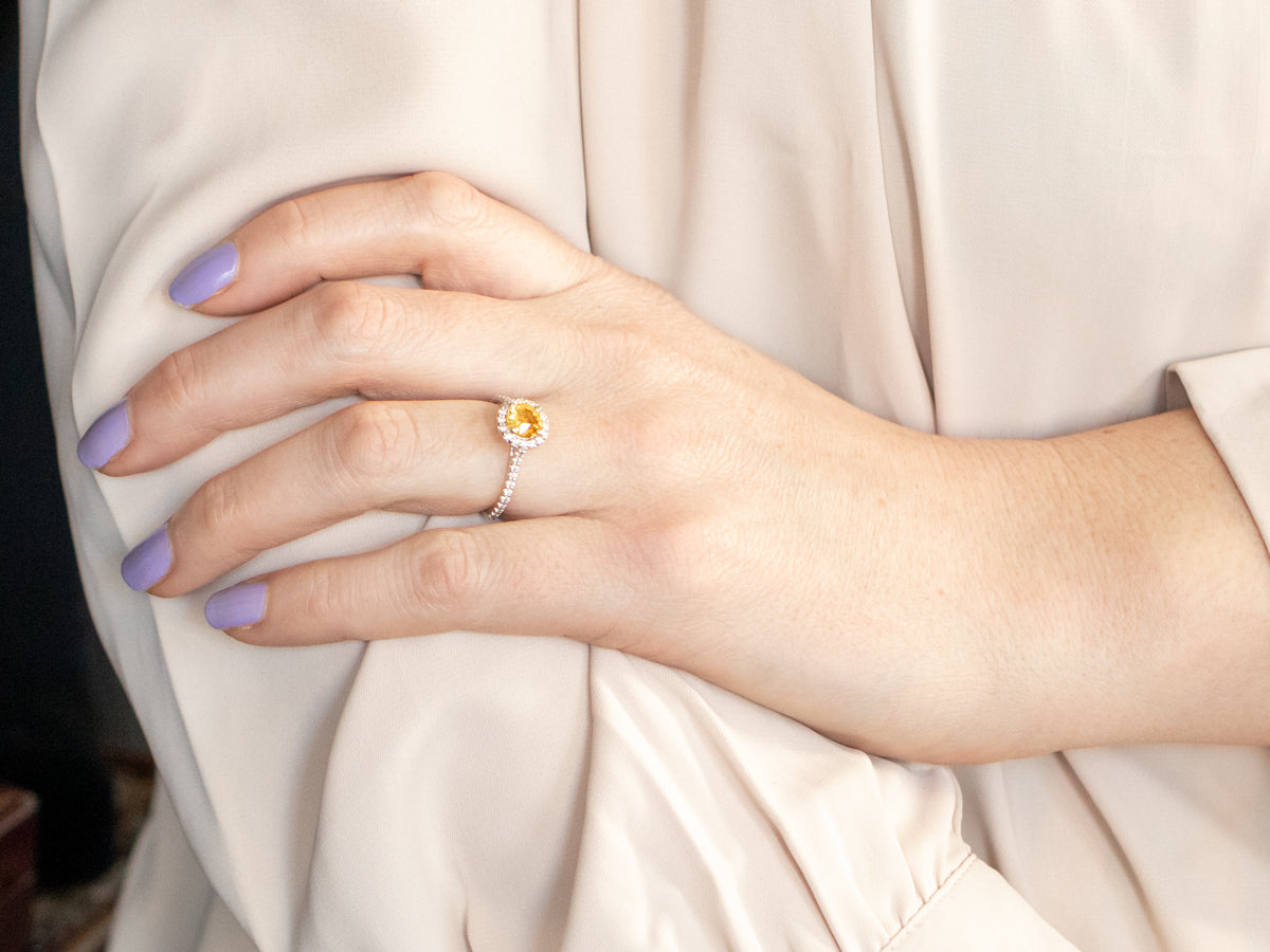 Yellow Sapphire and Diamond Halo Engagement Ring