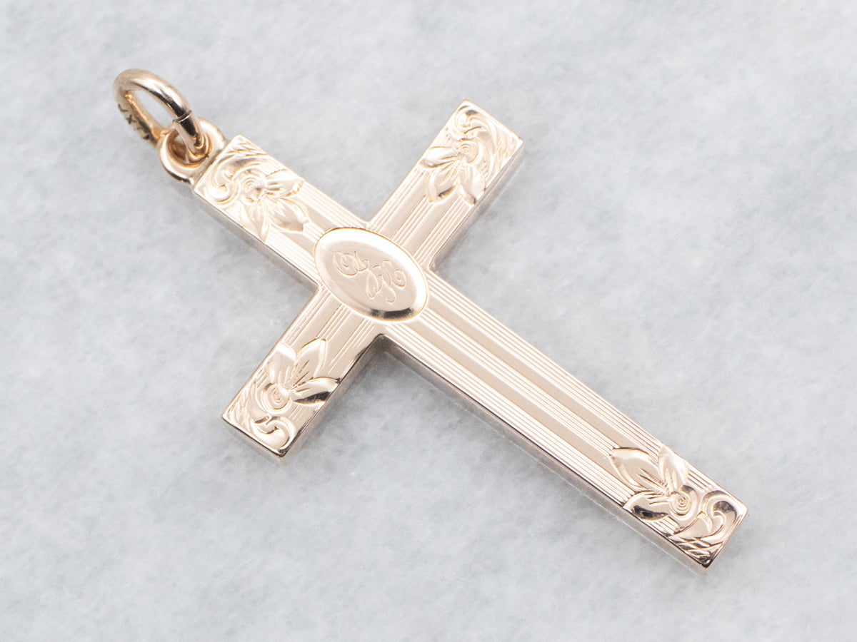 Floral Cross Pendant with &quot;JK&quot; Monogram Engraved