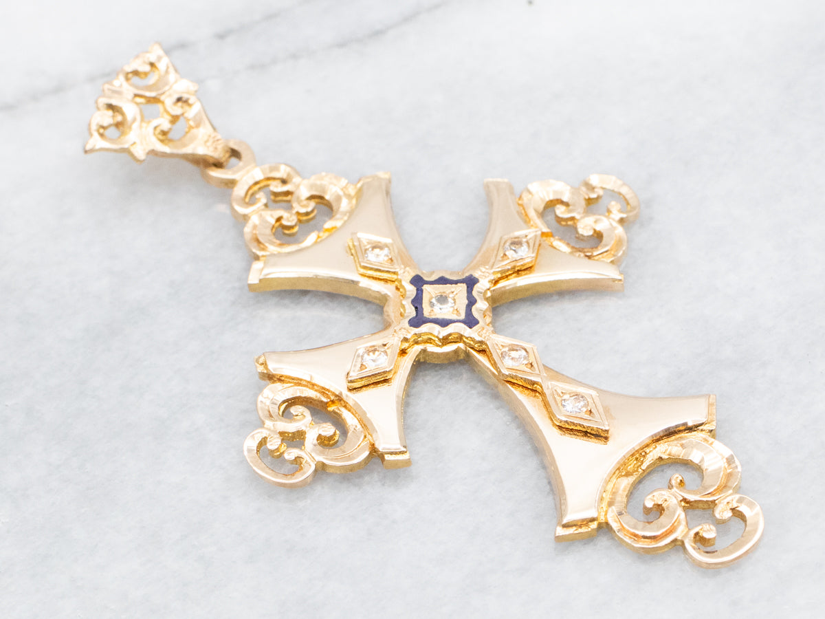 White Sapphire and Black Enamel Ornate Cross Pendant