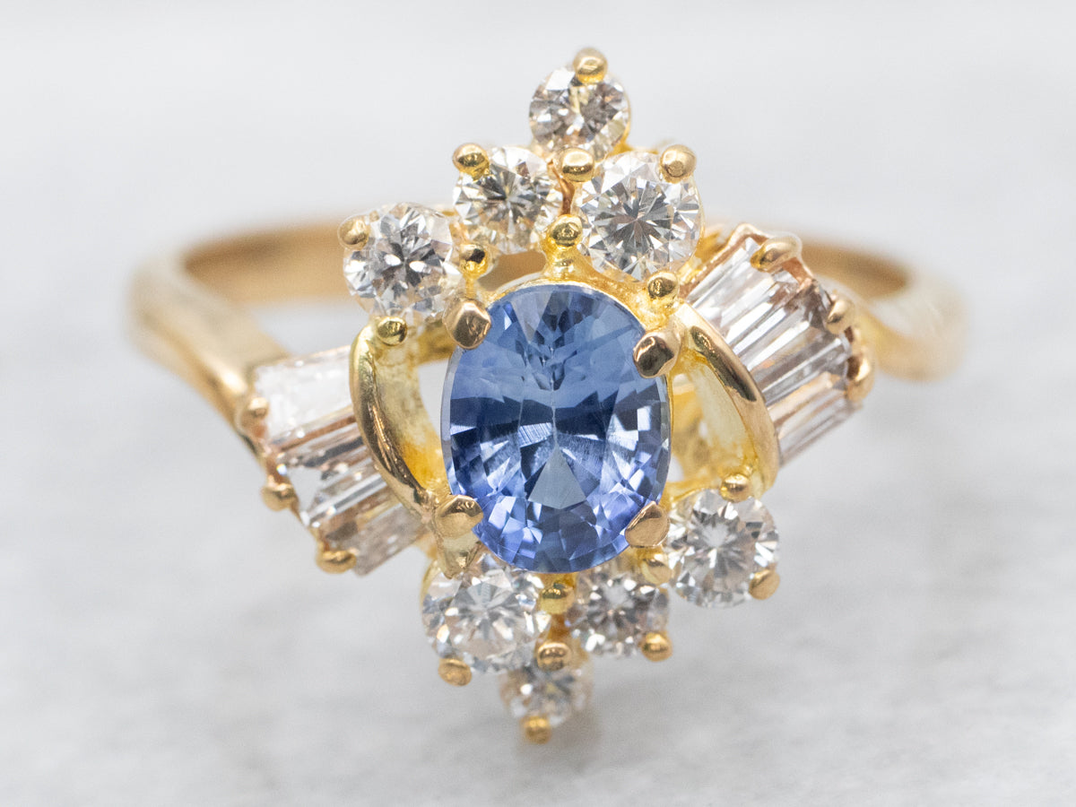 Modern Sapphire and Diamond Engagement Bypass Ring