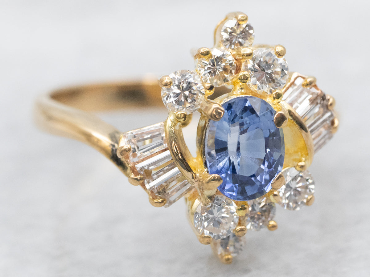 Modern Sapphire and Diamond Engagement Bypass Ring