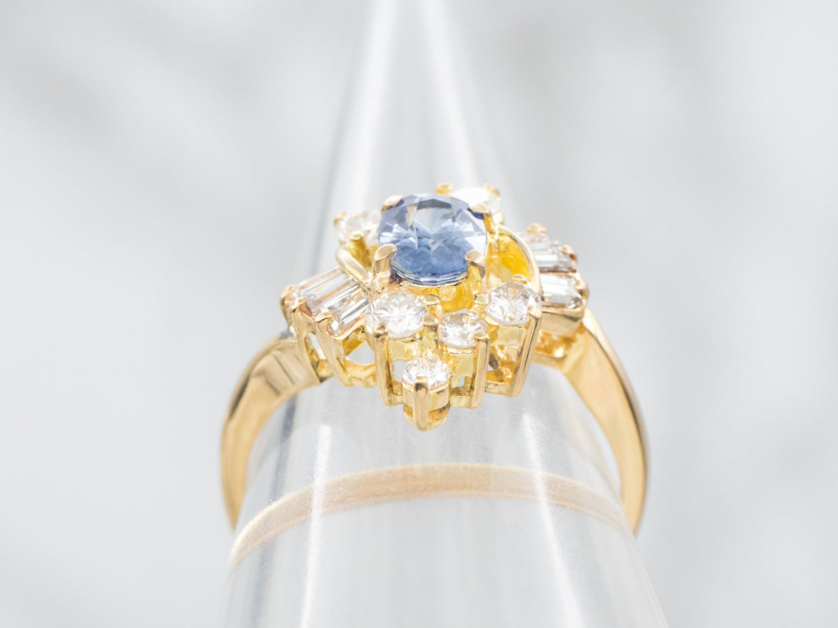 Modern Sapphire and Diamond Engagement Bypass Ring