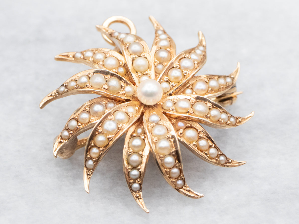 Victorian Seed Pearl Starburst Brooch or Pendant