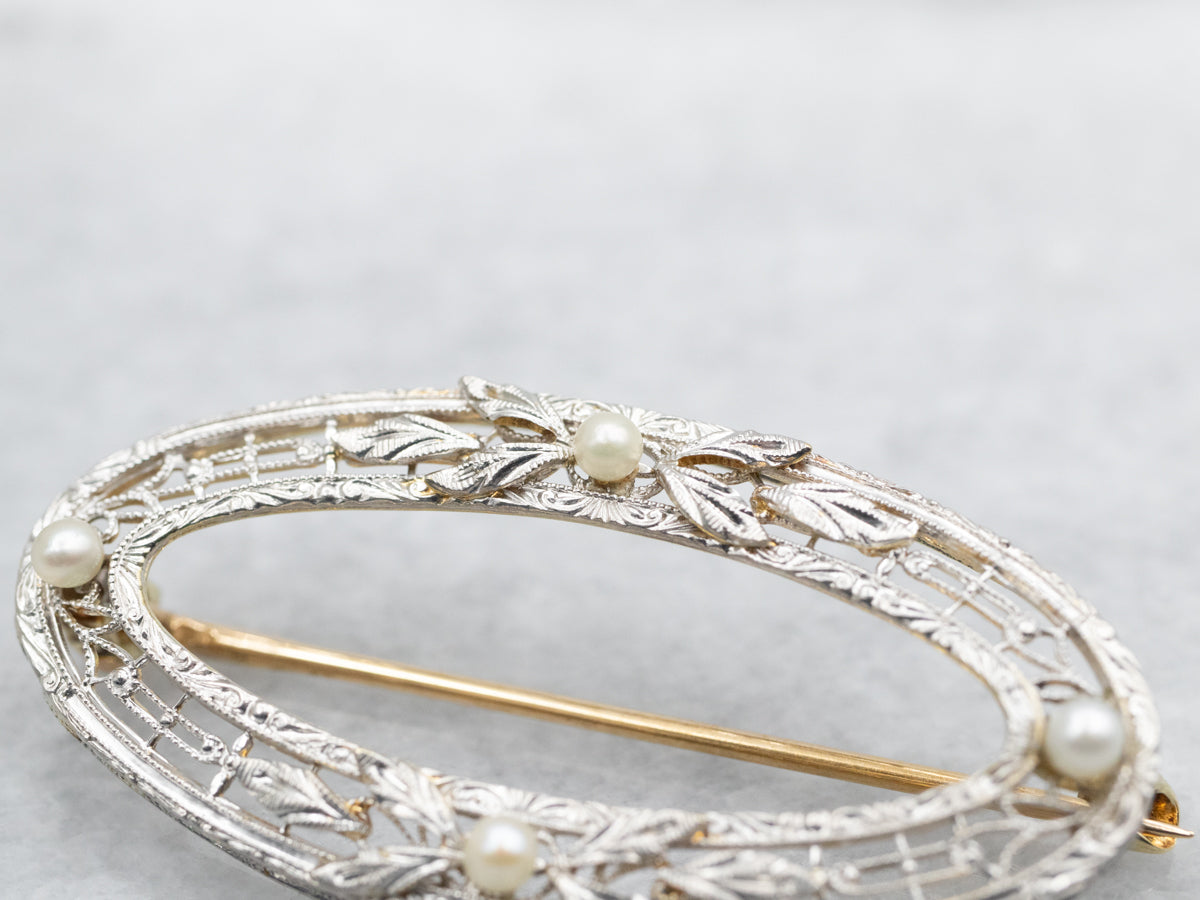 Art Deco Seed Pearl Filigree Brooch