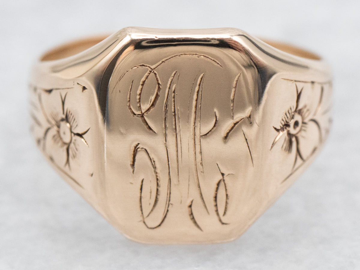 Floral Antique &quot;M&quot; Monogrammed Signet Ring