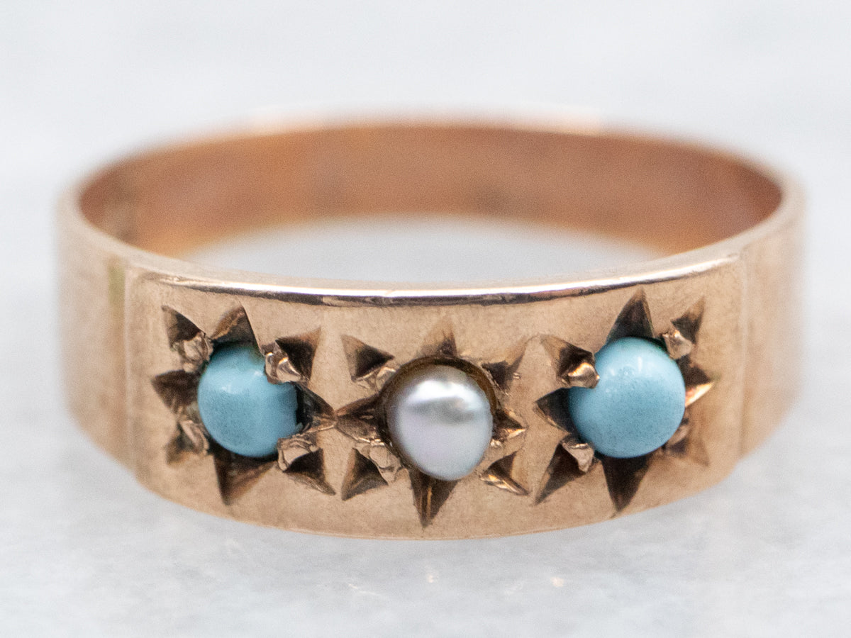 Rose Gold Seed Pearl and Turquoise Baby Ring