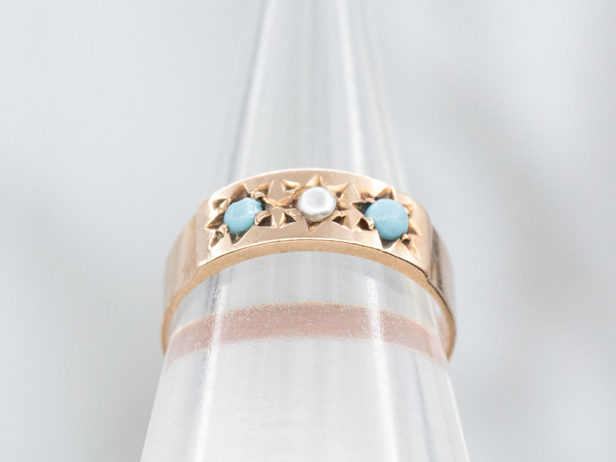 Rose Gold Seed Pearl and Turquoise Baby Ring