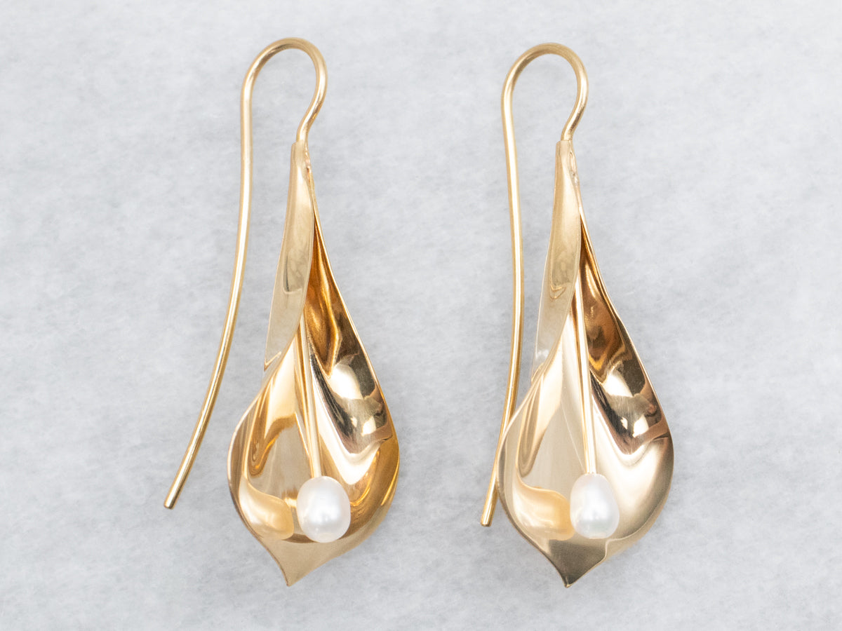 Calla Lily Drop Earrings with Pearl Accent