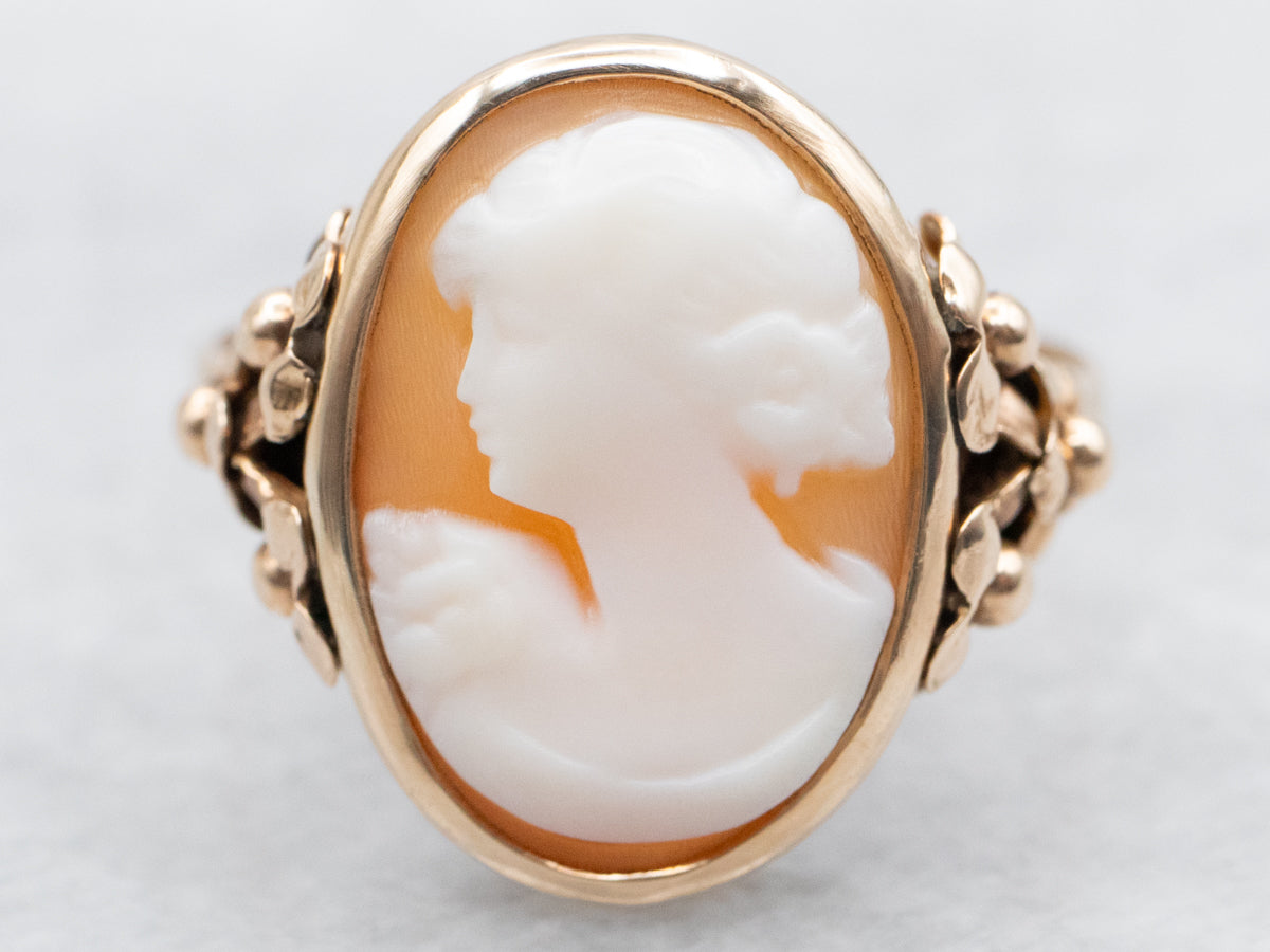 Vintage Gold Cameo Ring with Floral Shoulders