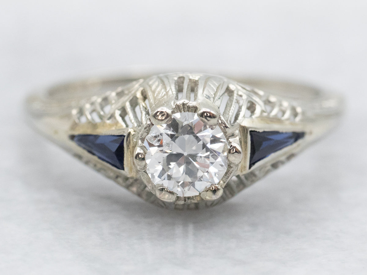 Art Deco Diamond and Synthetic Sapphire Engagement Ring