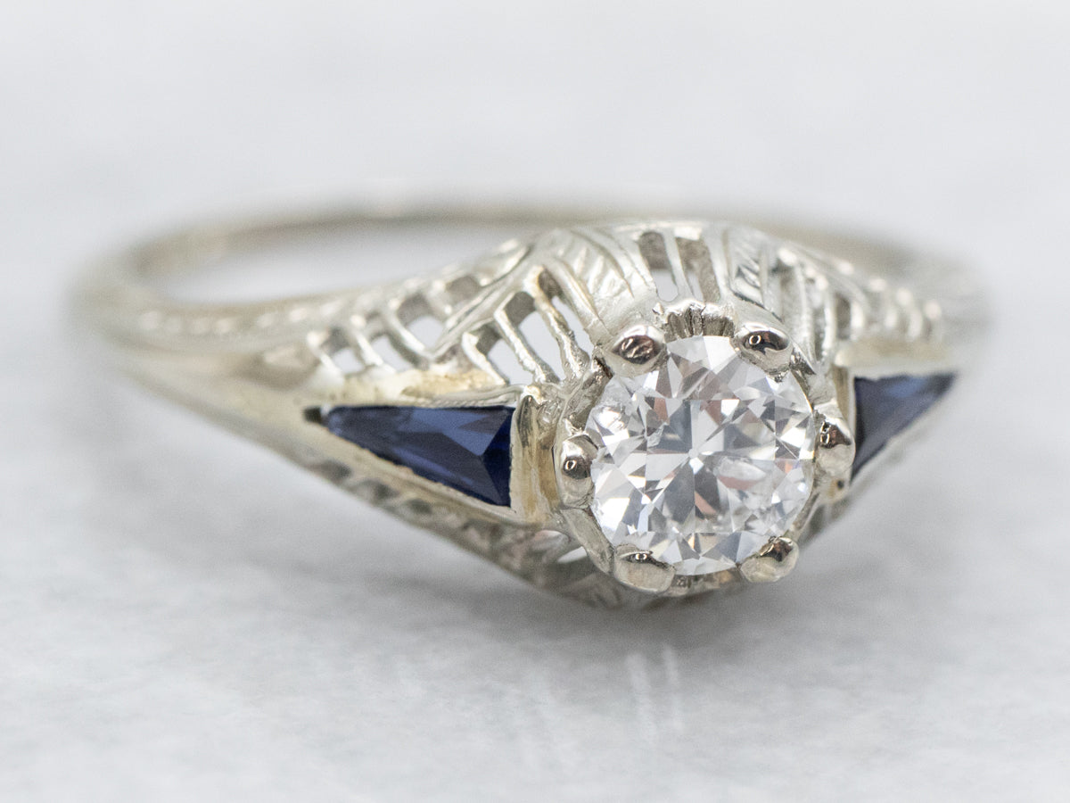 Art Deco Diamond and Synthetic Sapphire Engagement Ring