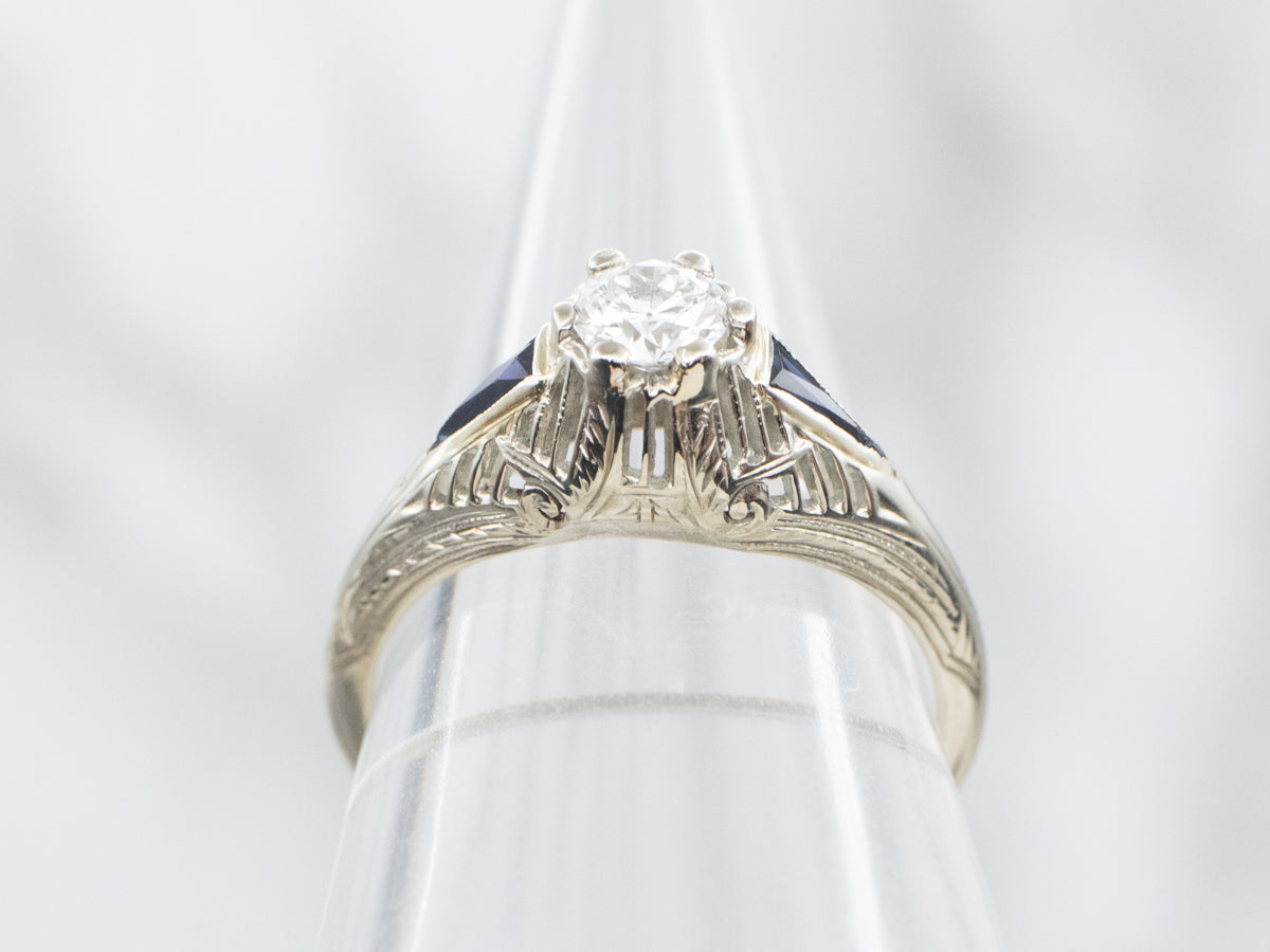 Art Deco Diamond and Synthetic Sapphire Engagement Ring