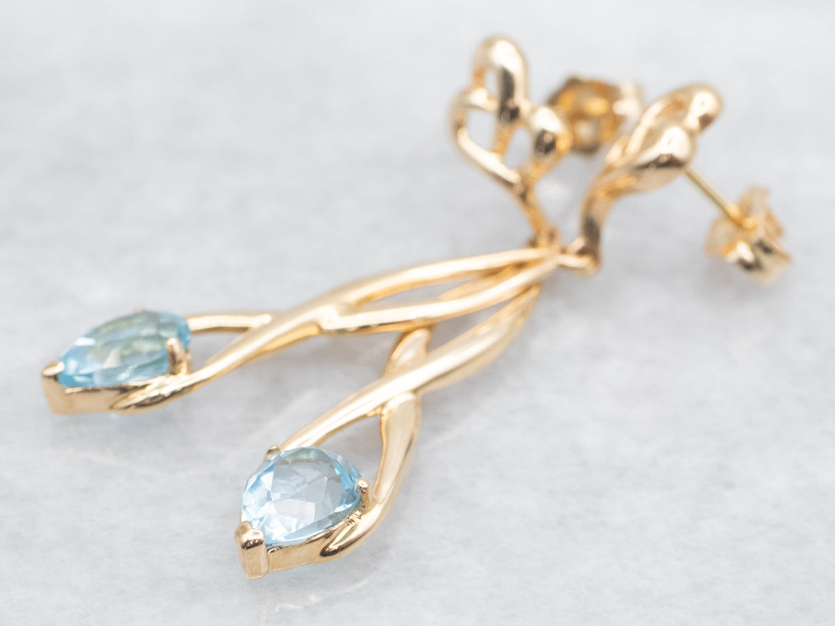 Twisting Gold Blue Topaz Drop Earrings