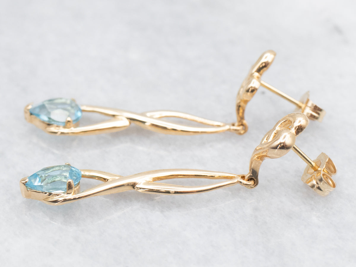 Twisting Gold Blue Topaz Drop Earrings