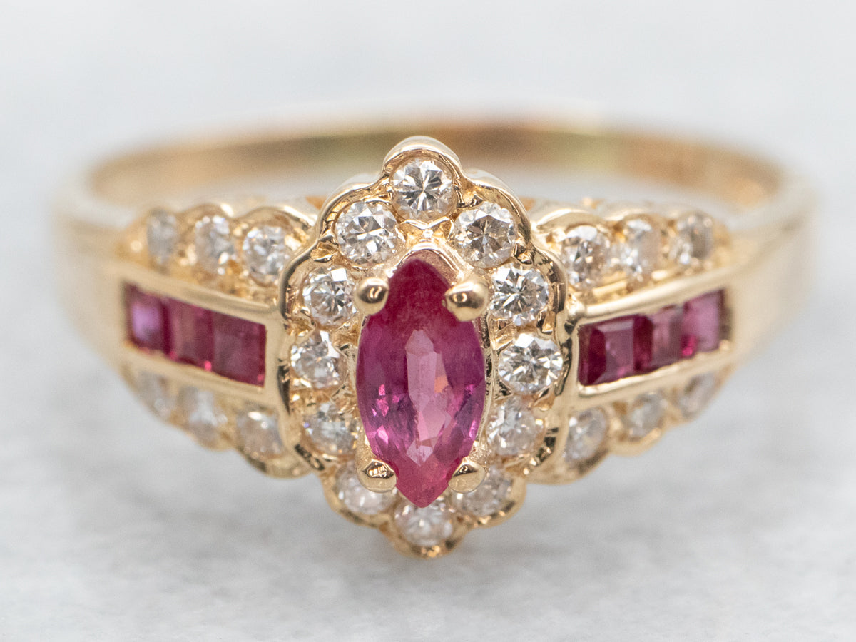 Modern Gold Ruby Ring with Diamond Halo and Shoulders