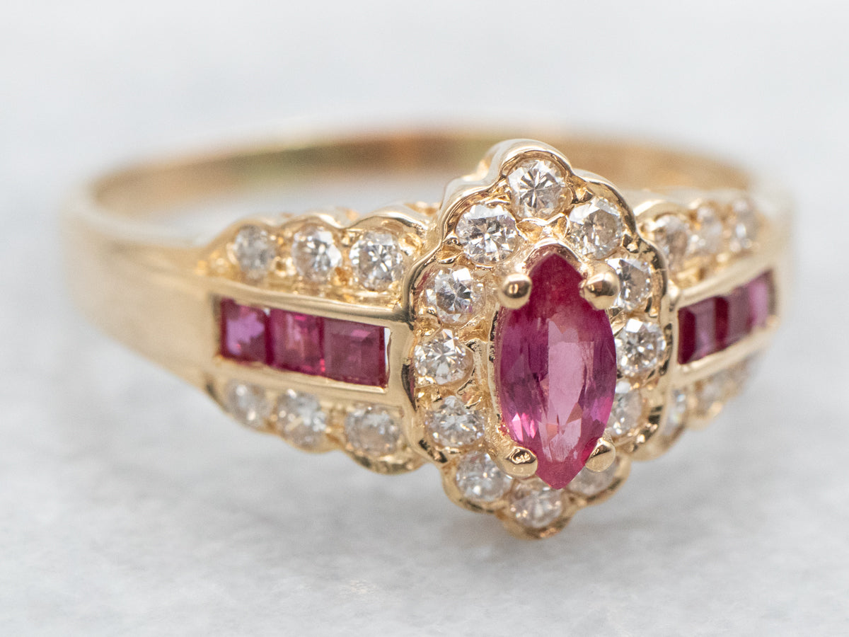 Modern Gold Ruby Ring with Diamond Halo and Shoulders