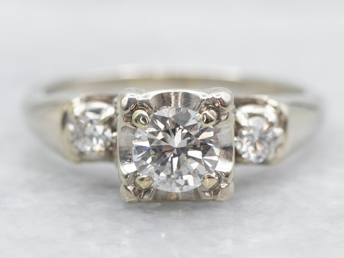 Retro White Gold Three Diamond Engagement Ring