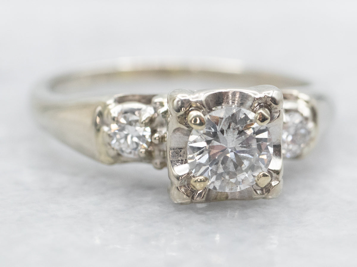 Retro White Gold Three Diamond Engagement Ring