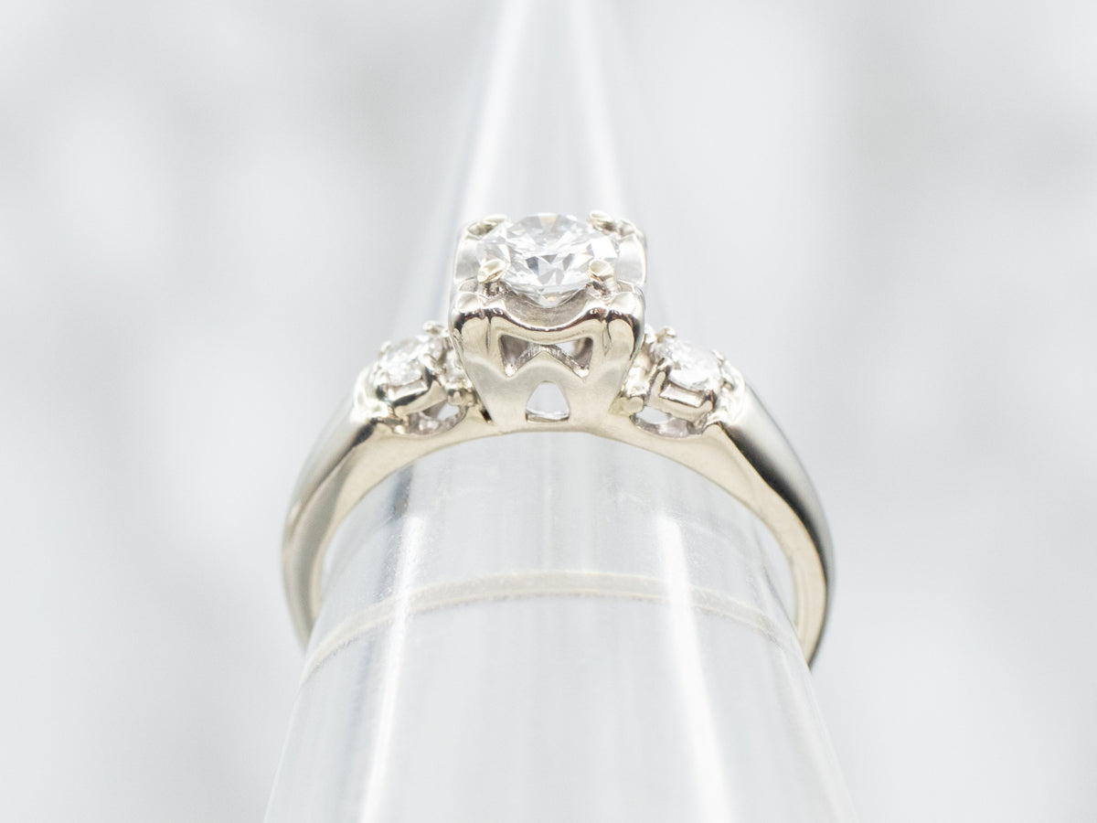 Retro White Gold Three Diamond Engagement Ring